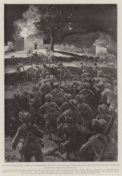 Indian Frontier Rising, walki w przełęczy Tseri-Kandao, 15 i 36 Sikhowie atakujący wioskę, którą zajęli i trzymali na noc autorstwa William Barnes Wollen